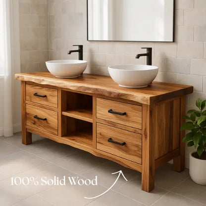 Handcrafted Double Sink Bathroom Vanity – Solid Oak Live Edge Countertop with Drawers & Shelves – Modern Rustic Wood Design for Natural Interiors Lynnsnail