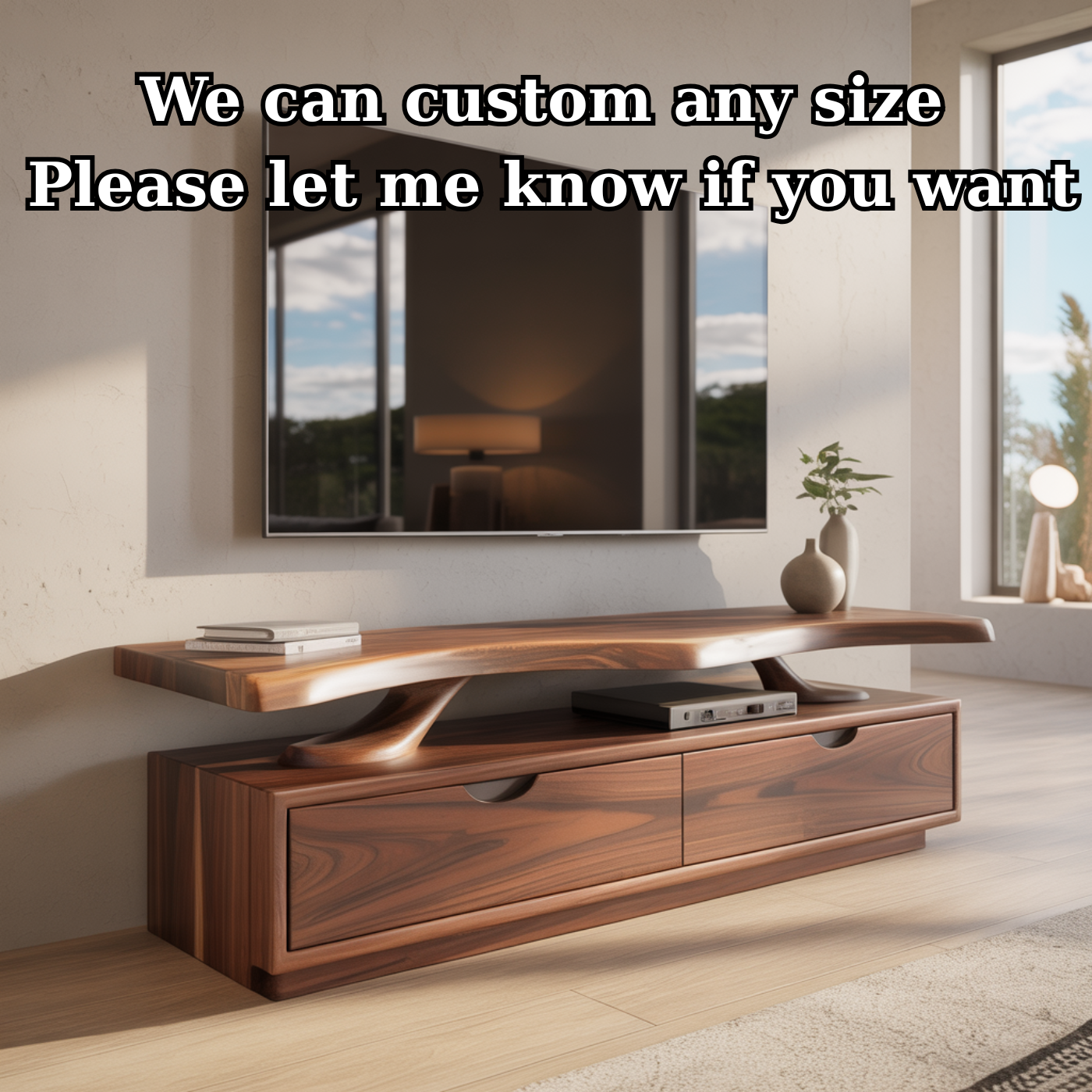 Handcrafted Solid Wood TV Stand with Sculpted Live-Edge Floating Shelf Lynnsnail