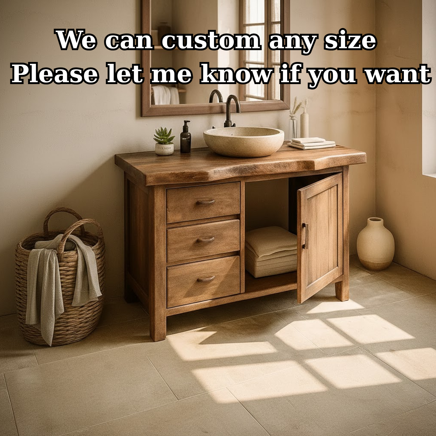 Handcrafted Solid Wood Bathroom Vanity with Live-Edge Top and Storage Drawers Lynnsnail