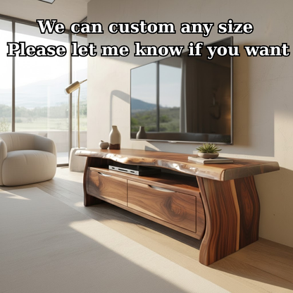 Handcrafted Live-Edge Solid Wood TV Stand with Sculpted Curved Base Lynnsnail