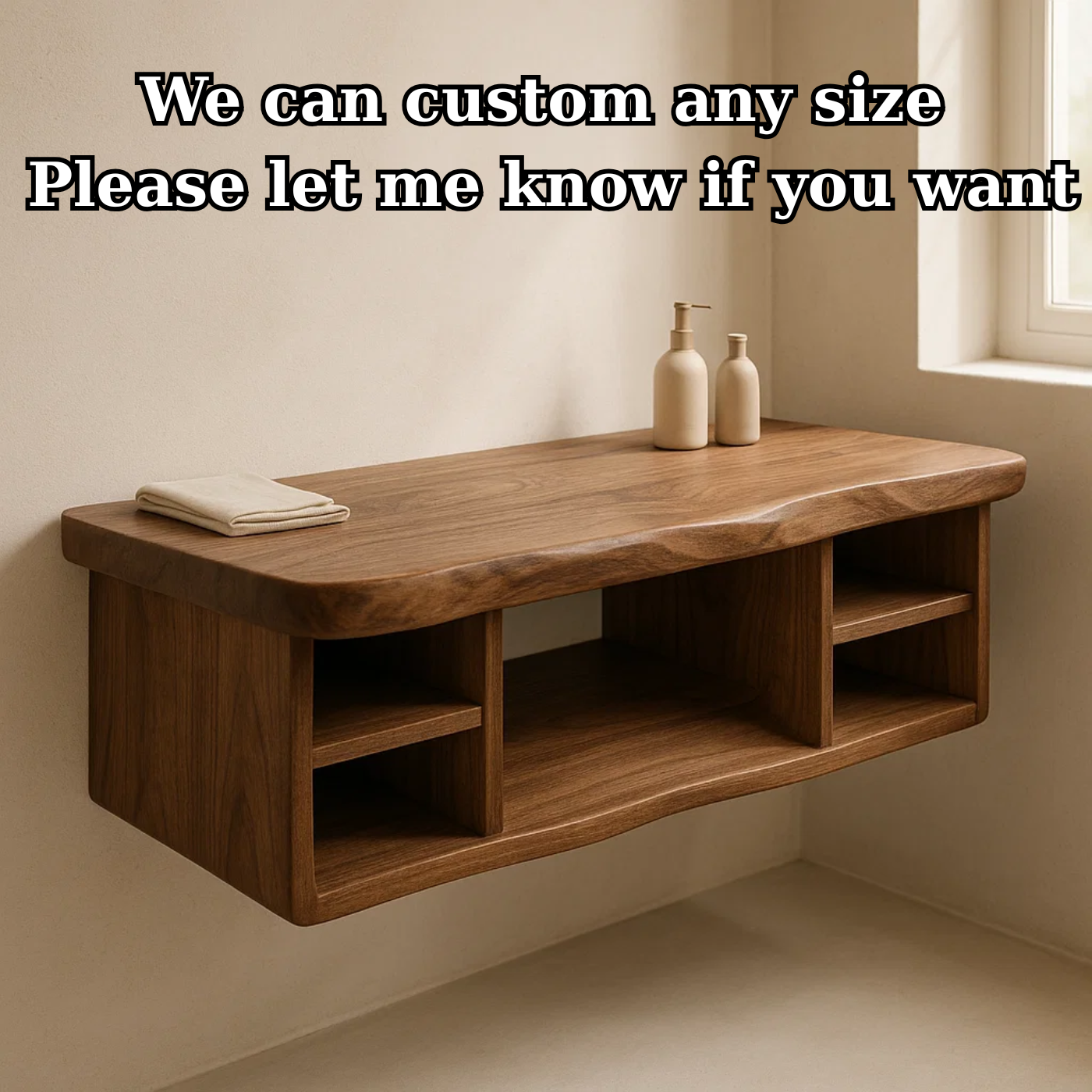 Handcrafted Solid Wood Floating Vanity - All Open Live Edge Console with Display Shelves Lynnsnail