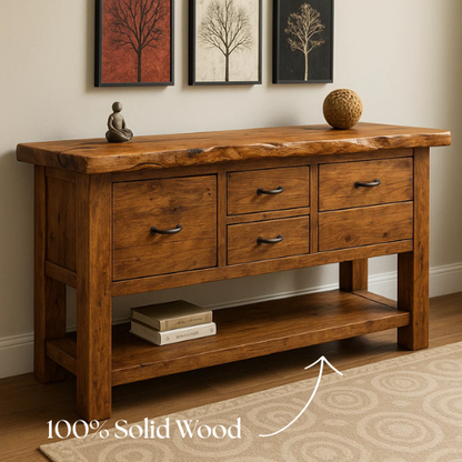 Handcrafted Solid Wood Live Edge Console Table – Rustic Oak Design with Multiple Drawers and Bottom Shelf Lynnsnail