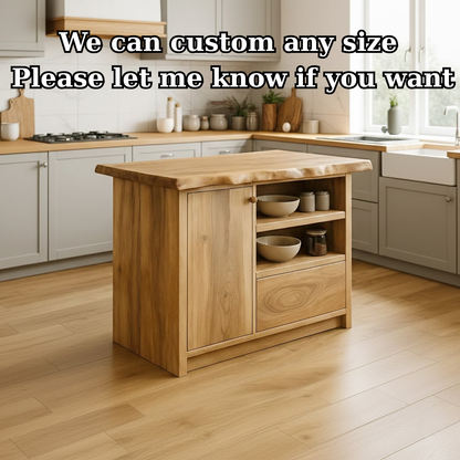 Handcrafted Solid Wood Kitchen Island with Live-Edge Top and Open Storage Shelves Lynnsnail