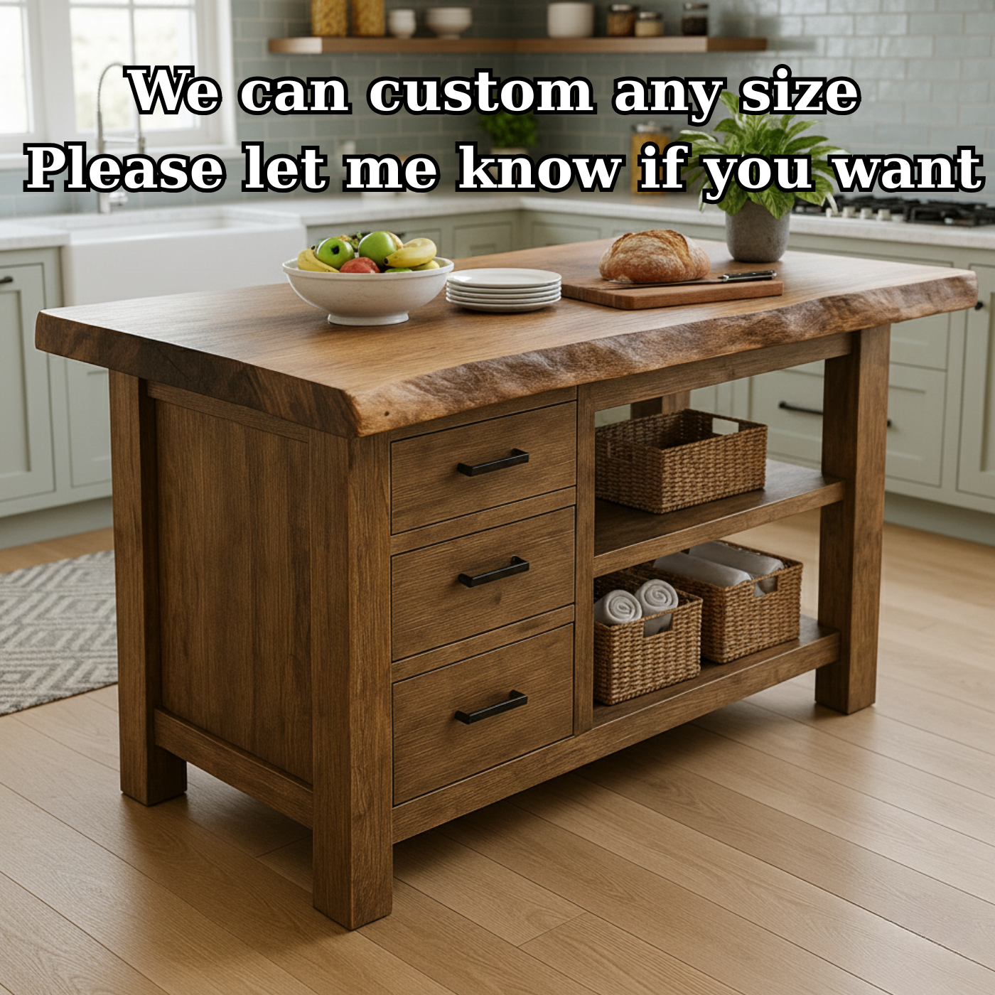 Handcrafted Solid Wood Kitchen Island - Live Edge, Drawers & Open Shelves