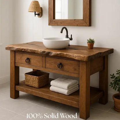 Handcrafted Live Edge Bathroom Vanity – Solid Wood Sink Console with Rustic Drawers and Open Storage Shelf Lynnsnail