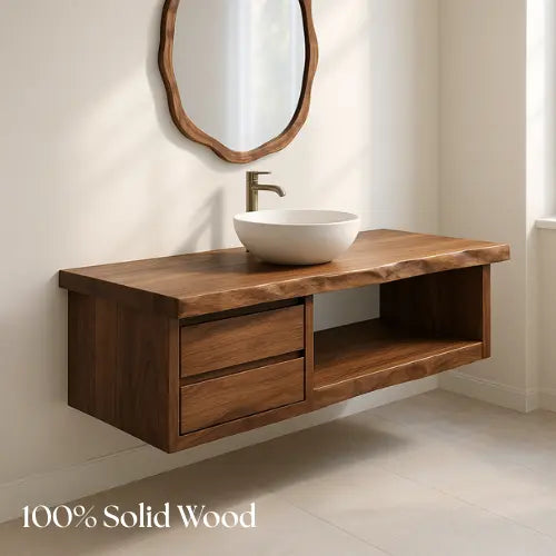 Handcrafted Floating Solid Walnut Bathroom Vanity – Live Edge Countertop with Dual Drawers and Open Shelf – Modern Rustic Design Lynnsnail