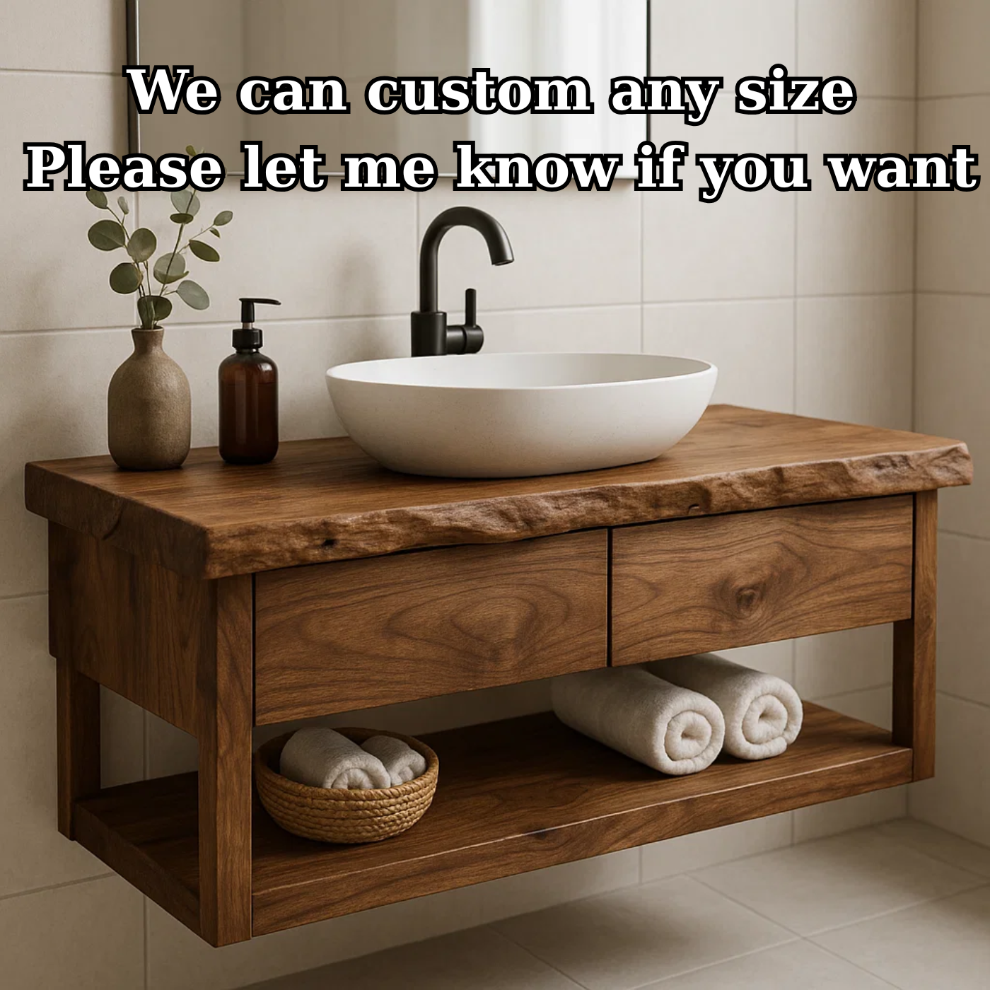 Handcrafted Solid Wood Floating Bathroom Vanity with Live Edge Top - Modern Rustic Washstand Lynnsnail