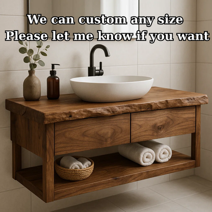 Handcrafted Solid Wood Floating Bathroom Vanity with Live Edge Top - Modern Rustic Washstand Lynnsnail