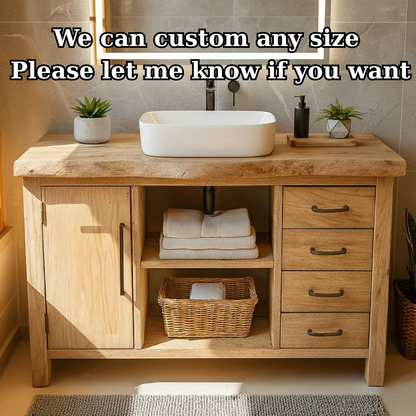 Handcrafted Solid Wood Bathroom Vanity with Live Edge Oak Top and Open Storage