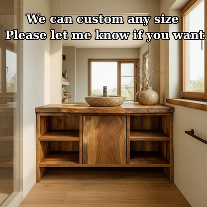 Handcrafted Solid Wood Bathroom Vanity with Central Sliding Door & Open Storage Shelves Lynnsnail
