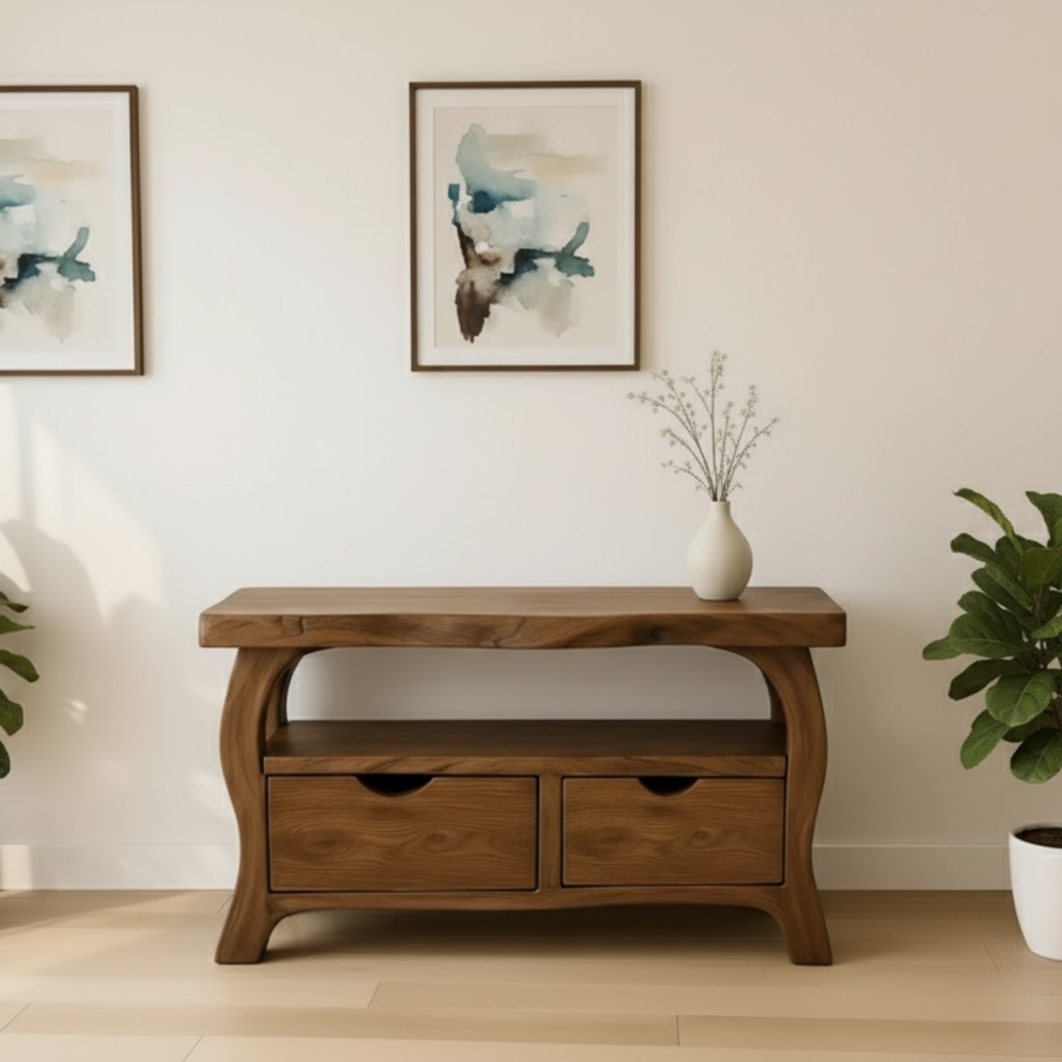 Handcrafted Solid Wood TV Stand with Drawers – Modern Organic Media Console Lynnsnail