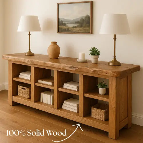Handcrafted Solid Wood Live Edge Console Table – Rustic Oak with Open Cubby Shelves Lynnsnail