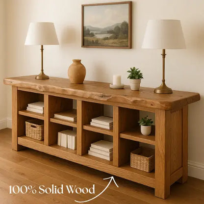 Handcrafted Solid Wood Live Edge Console Table – Rustic Oak with Open Cubby Shelves Lynnsnail