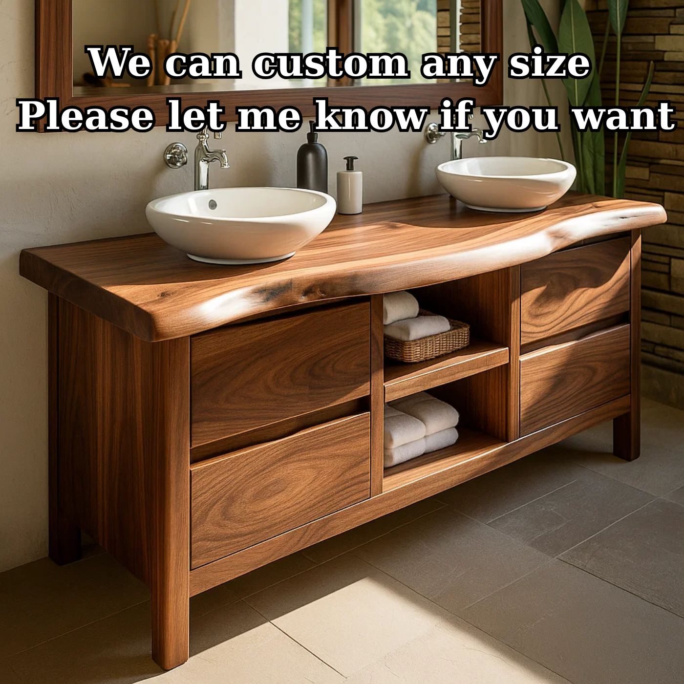 Handcrafted Solid Wood Bathroom Vanity - Live Edge Walnut, Drawers & Open Shelving Lynnsnail