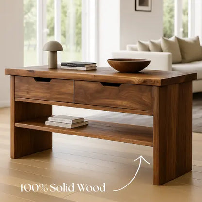 Handcrafted Solid Wood Console Table – Walnut Finish with Drawers and Open Shelf Lynnsnail