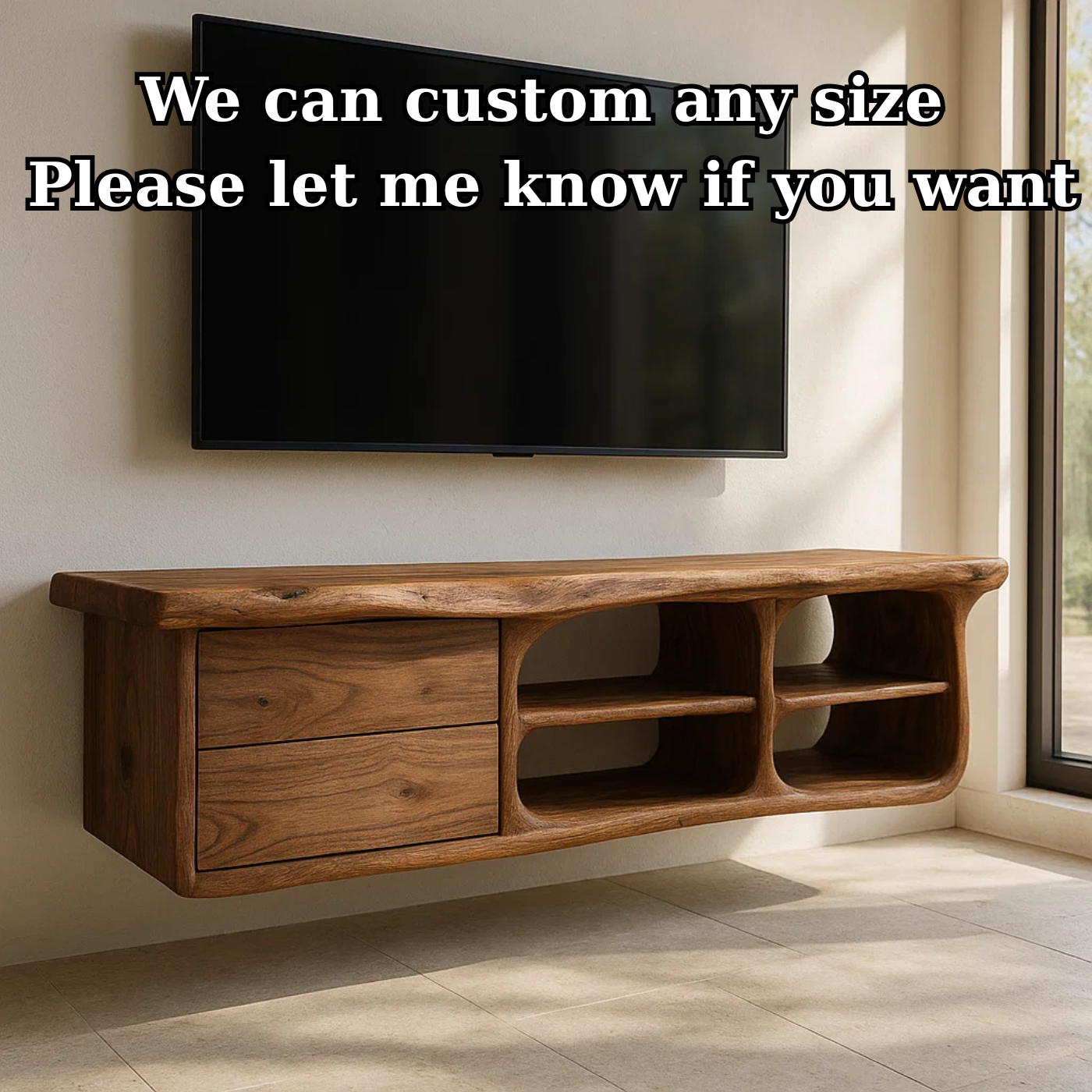 Handcrafted Solid Wood Floating TV Stand with Live Edge - Rustic Modern Media Console Lynnsnail
