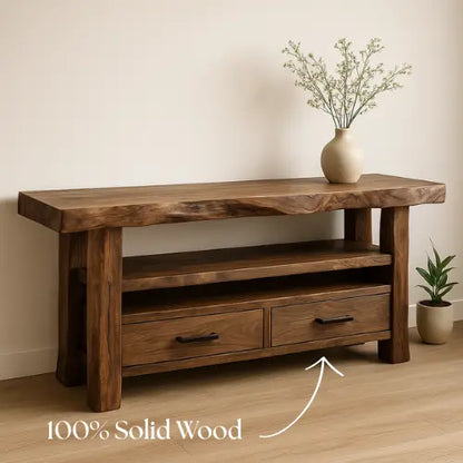 Handcrafted Solid Wood Live Edge Console Table – Rustic Walnut Design with Drawers and Open Shelf Lynnsnail