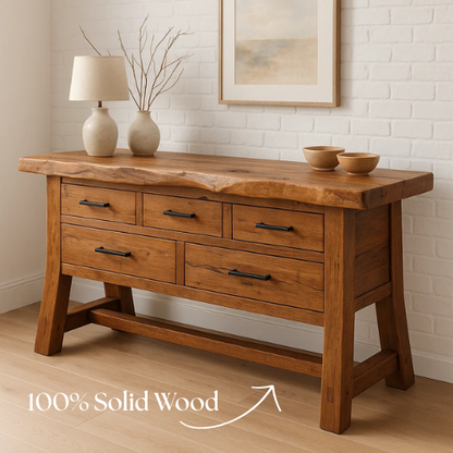 Handcrafted Solid Wood Rustic Console Table with Live Edge Top and Five Drawers Lynnsnail