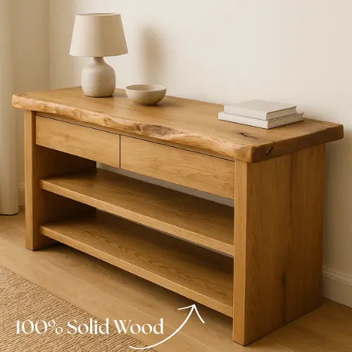 Handcrafted Solid Wood Live Edge Console Table – Natural Oak with Drawers and Open Shelves Lynnsnail