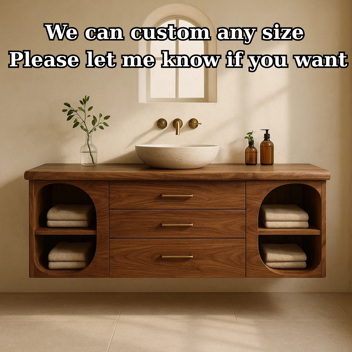 Handcrafted Solid Wood Floating Vanity - Modern Wall-Mounted Cabinet with Arches Lynnsnail