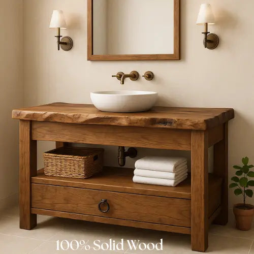 Handcrafted Solid Wood Bathroom Vanity – Live Edge Countertop with Drawer and Shelf – Rustic Organic Farmhouse Sink Console Lynnsnail