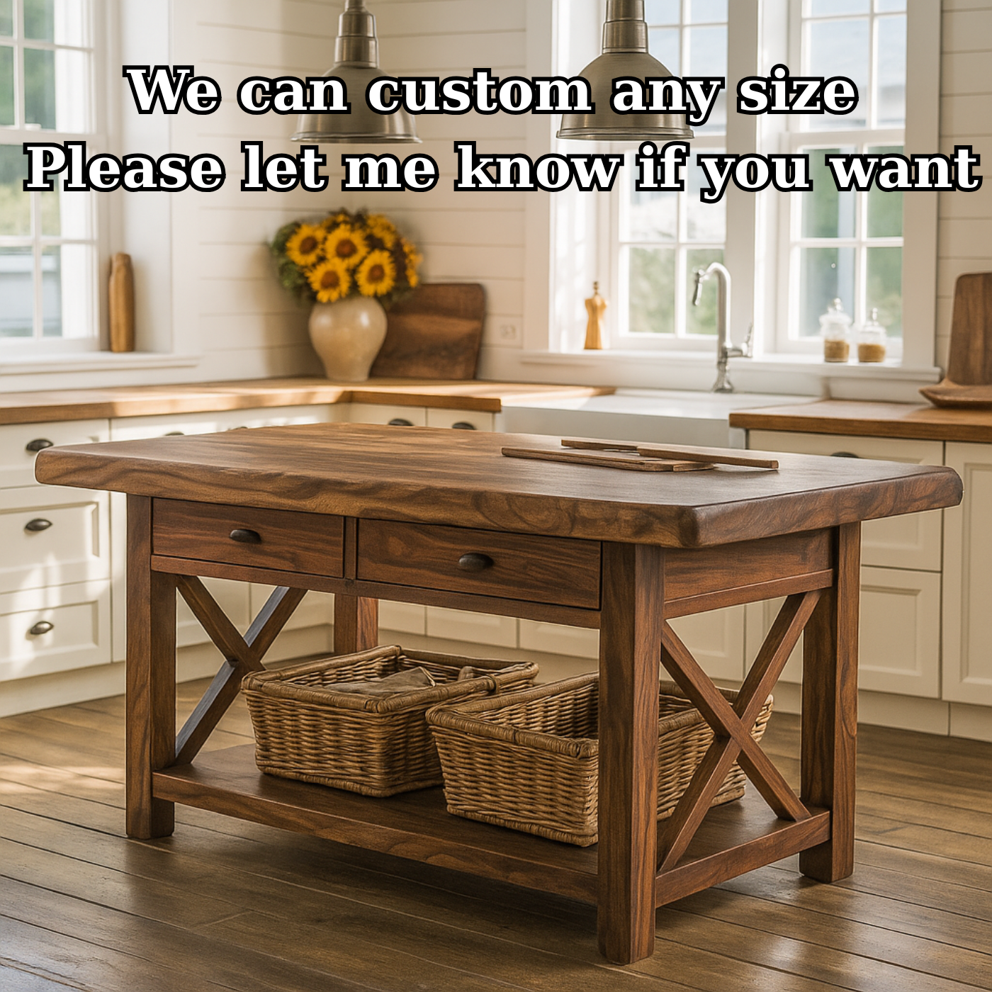 Handcrafted Solid Wood Kitchen Island - X-Base Design & Dark Finish