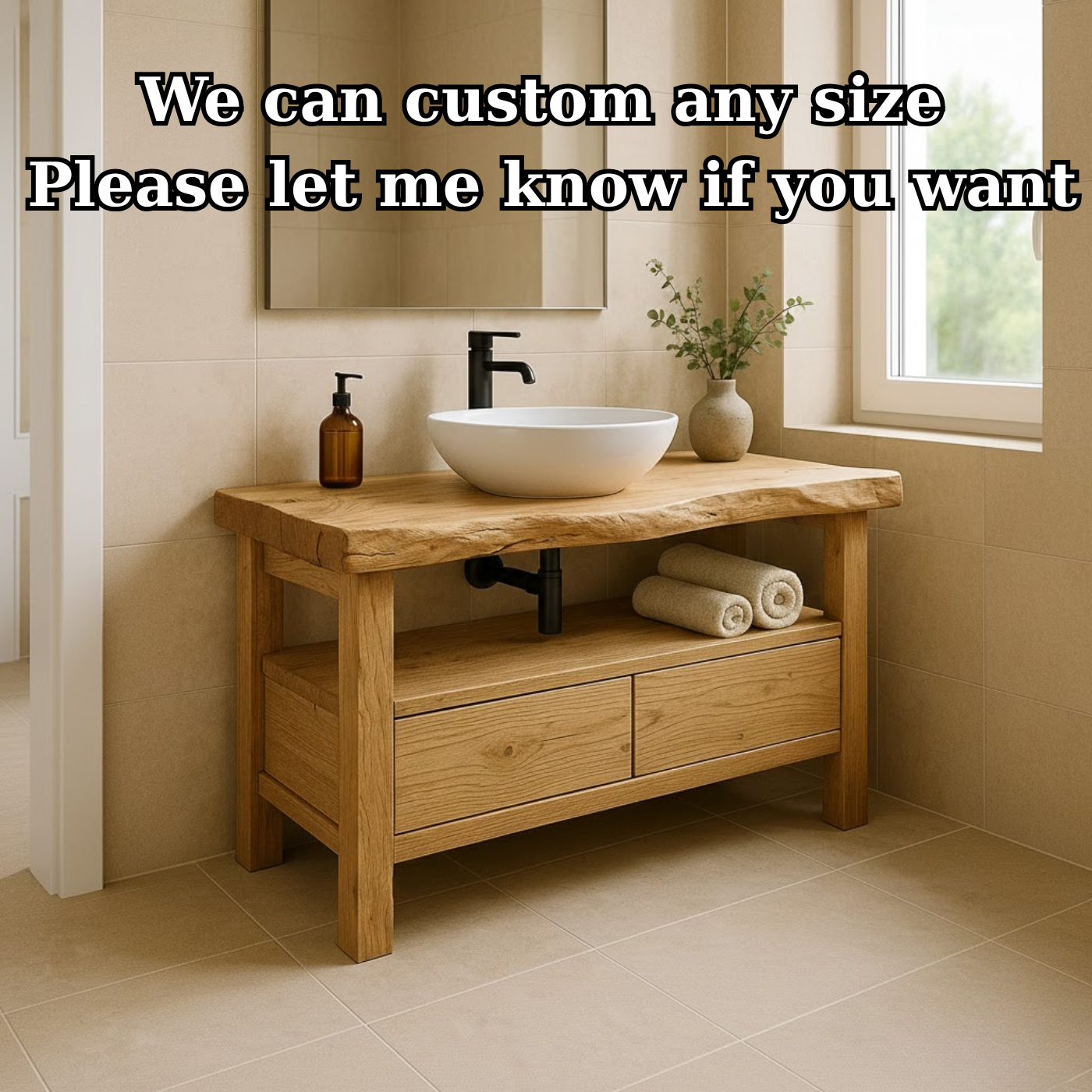 Handcrafted Solid Wood Bathroom Vanity - Live Edge Rustic Stand with Drawers & Shelf Lynnsnail