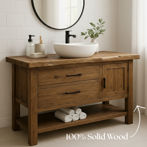 Handcrafted Solid Wood Bathroom Vanity with Live Edge Countertop and Open Shelf Lynnsnail