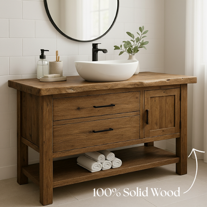Handcrafted Solid Wood Bathroom Vanity with Live Edge Countertop and Open Shelf Lynnsnail