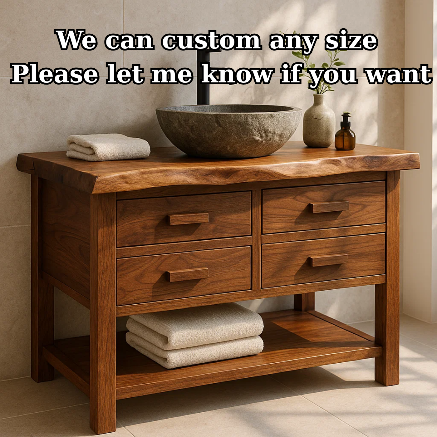 Handcrafted Solid Wood Bathroom Vanity with Live Edge Top and 4 Drawers Lynnsnail