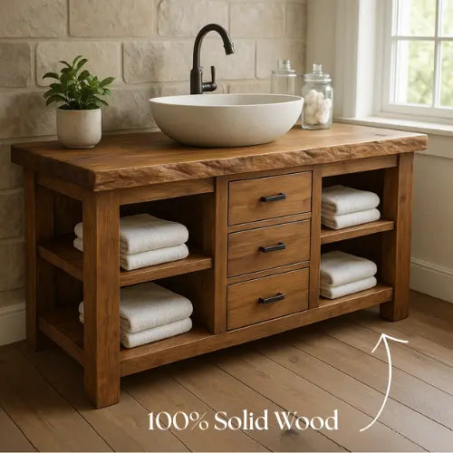 Handcrafted Solid Wood Bathroom Vanity – Live Edge Top with 3 Drawers & Open Shelving Lynnsnail