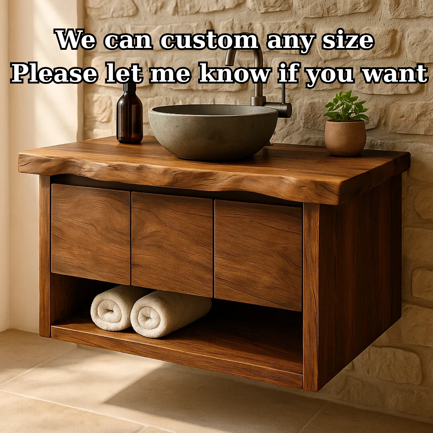 Handcrafted Solid Wood Floating Bathroom Vanity with Live Edge Top - Rustic Modern Washstand Lynnsnail