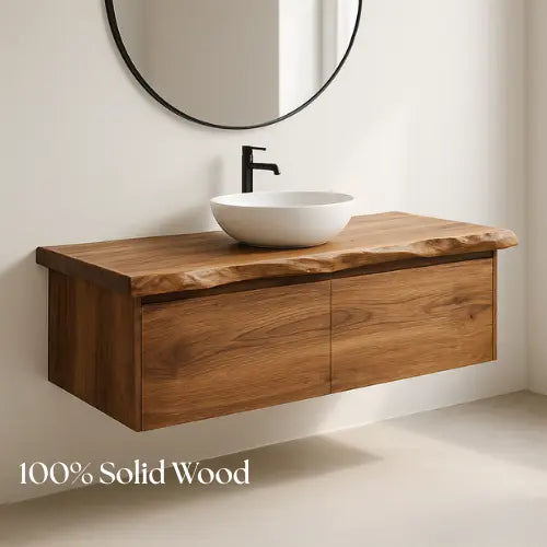 Handcrafted Floating Solid Wood Bathroom Vanity – Live Edge Countertop with Hidden Drawers – Modern Rustic Wall-Mount Design Lynnsnail