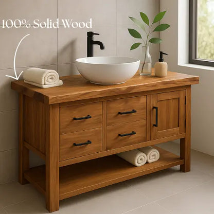 Handcrafted Solid Oak Bathroom Vanity – Live Edge Countertop with Drawers & Cabinet – Modern Rustic Wood Design for Warm, Natural Bathrooms Lynnsnail