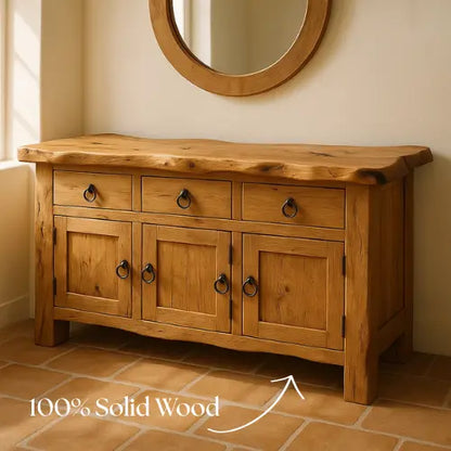 Handcrafted Solid Wood Live Edge Console Table – Rustic Oak with Drawers and Cabinet Doors Lynnsnail