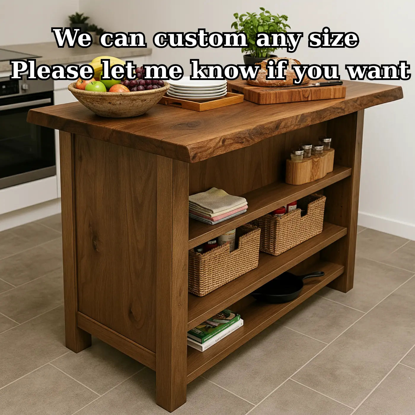 Handcrafted Solid Wood Kitchen Island - Rustic Live Edge & Open Shelves Lynnsnail