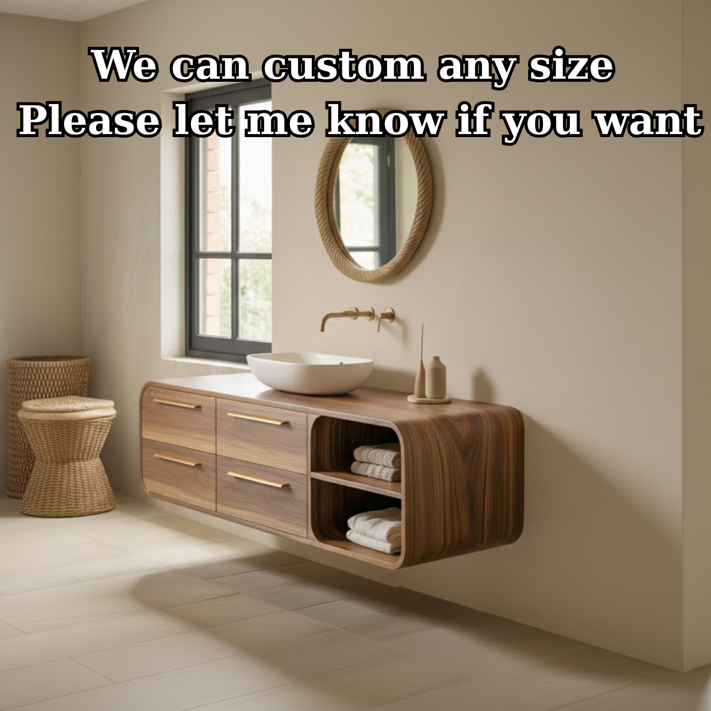 Handcrafted Solid Walnut Floating Vanity: Minimalist Gold Handle Bathroom Storage Lynnsnail