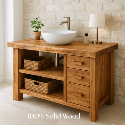 Handcrafted Solid Wood Bathroom Vanity – Rustic Live Edge Countertop with 3 Drawers & Open Shelves – Farmhouse Natural Finish Lynnsnail