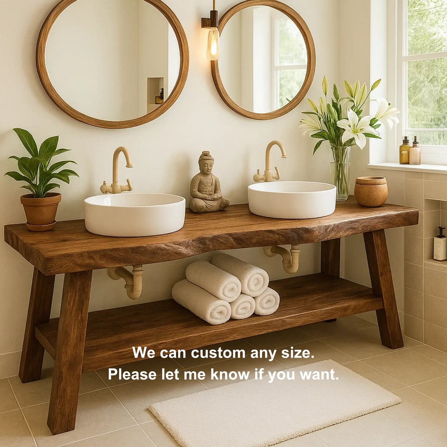 Handcrafted Double Solid Wood Bathroom Vanity with Drawers and Slatted Shelf for Modern Homes Lynnsnail