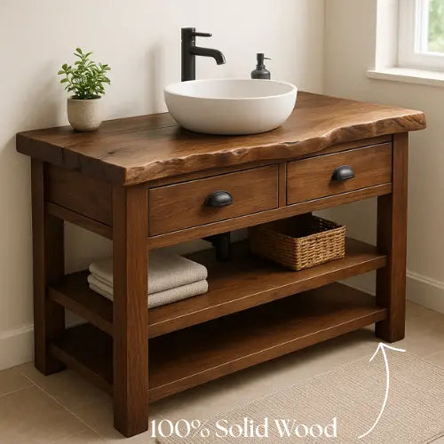 Handcrafted Solid Wood Bathroom Vanity – Live Edge Top with 2 Drawers and Open Shelving Lynnsnail
