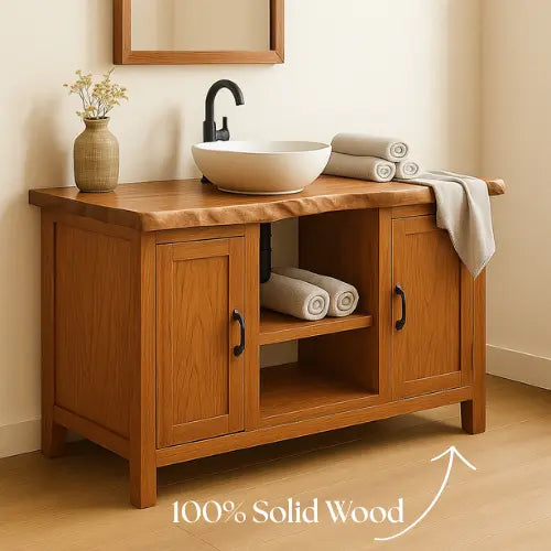 Handcrafted Solid Wood Bathroom Vanity – Live Edge Top with Dual Cabinets and Open Shelf Lynnsnail