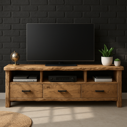Rustic Solid Wood TV Stand with Live Edge – Handcrafted Media Console with Drawers and Open Shelves for Modern Organic Interiors Lynnsnail