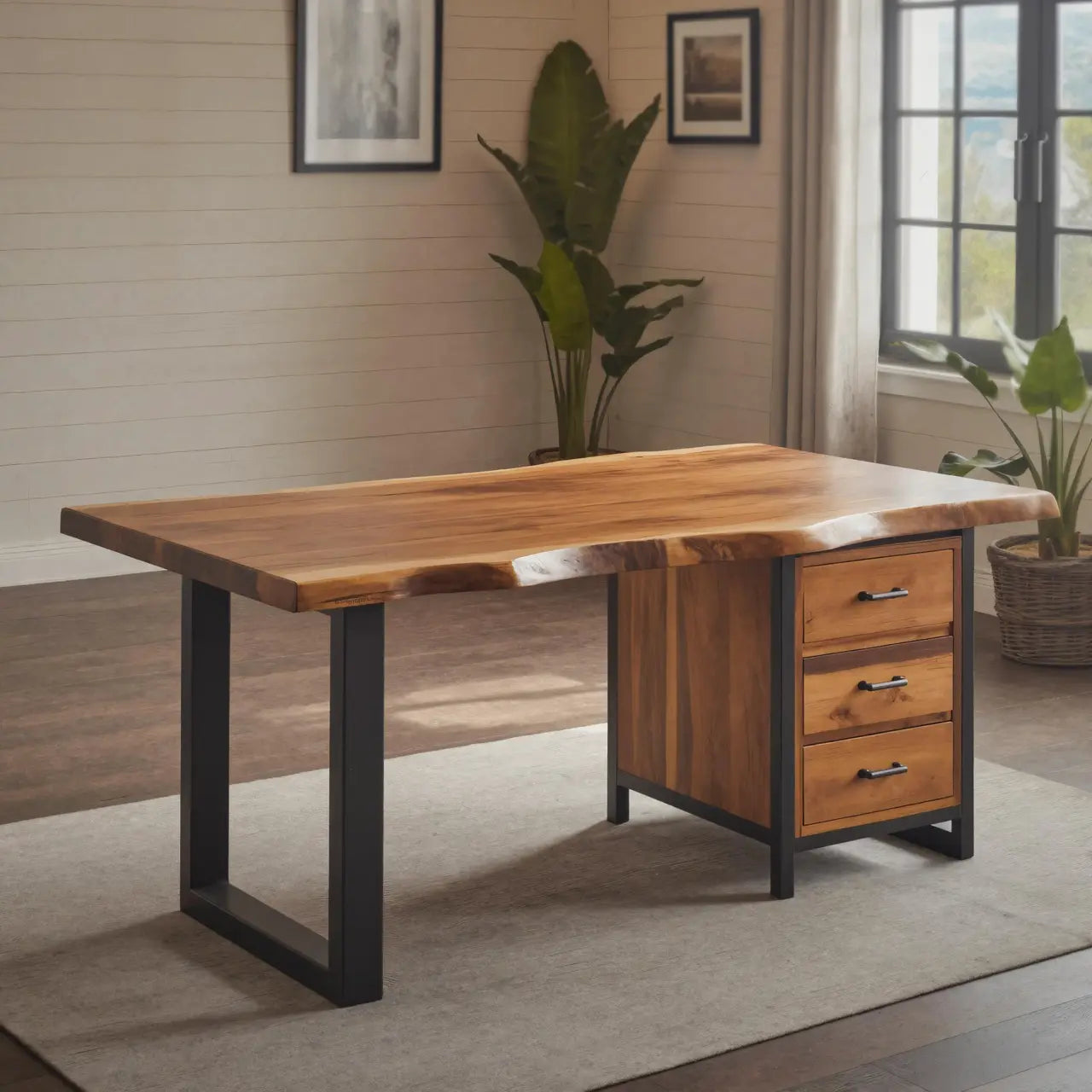 Modern Live Edge Office Desk With Drawer Storage For Workspace Lynnsnail