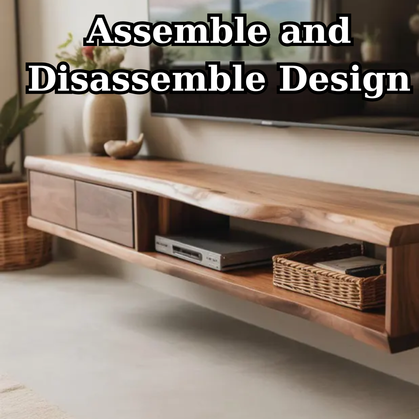 Handcrafted Solid Wood Floating TV Stand, Live Edge Media Console, Wall-Mounted Lynnsnail