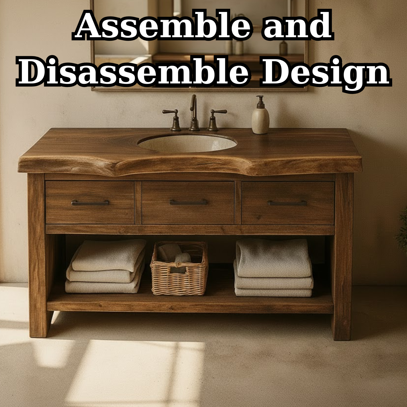 Handcrafted Solid Wood Bathroom Vanity with Live Edge Top, Triple Drawers & Open Storage Shelf Lynnsnail