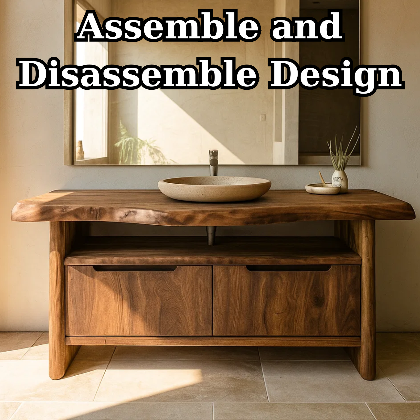 Handcrafted Solid Wood Bathroom Vanity with Live-Edge Walnut Top & Soft-Close Doors Lynnsnail