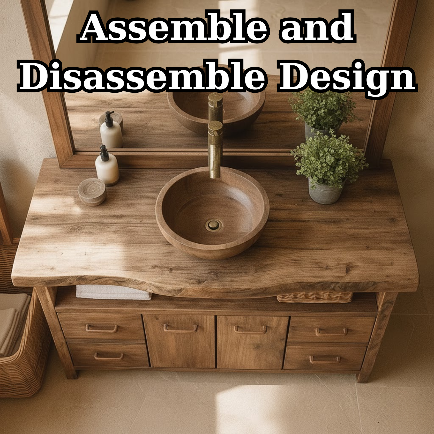 Handcrafted Solid Wood Bathroom Vanity with Live Edge Walnut Top and Double Cabinet Storage