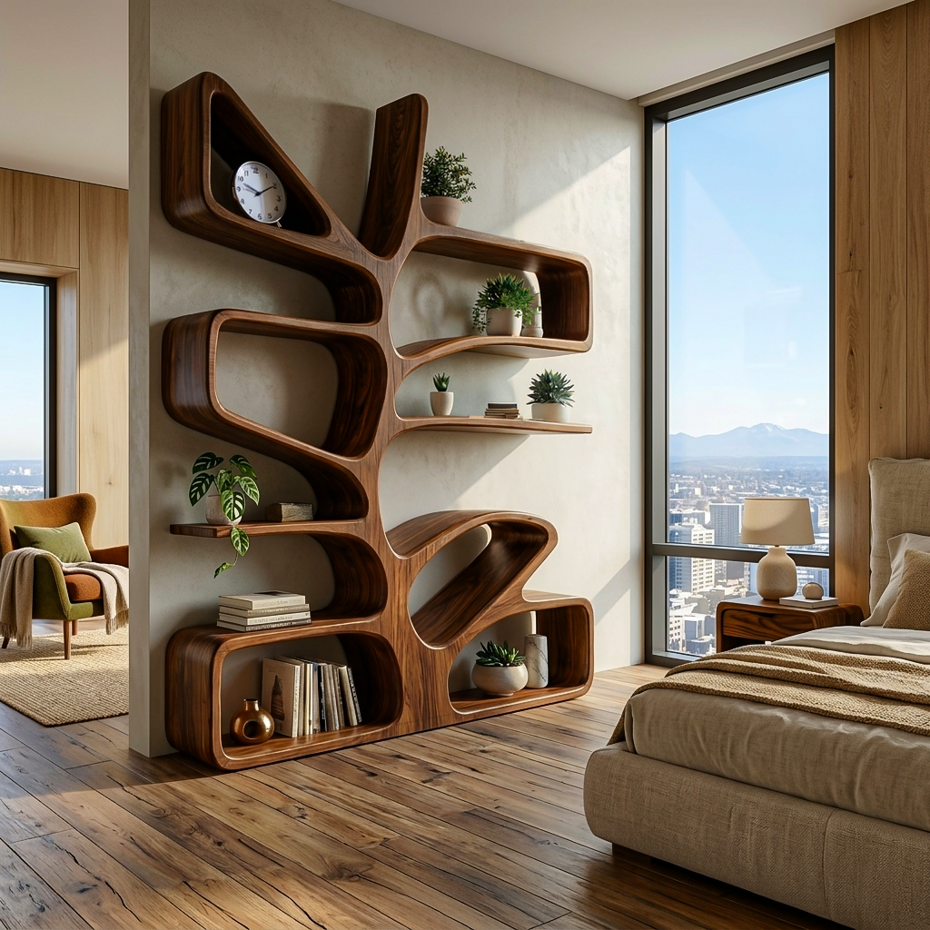 Organic Wooden Bookcase With Sculptural Form For Living Space Lynnsnail