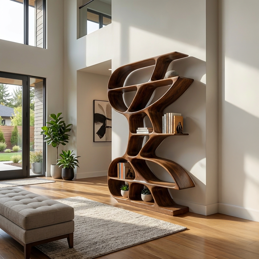 Wooden Bookshelf Unique Sculptural Design For Modern Living Room Lynnsnail