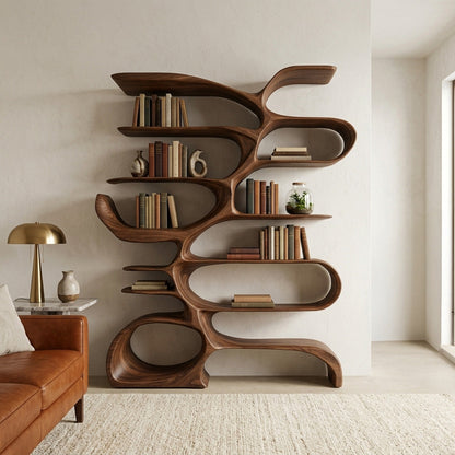 Sculptural Wooden Bookcase For Modern Living Room Storage Lynnsnail